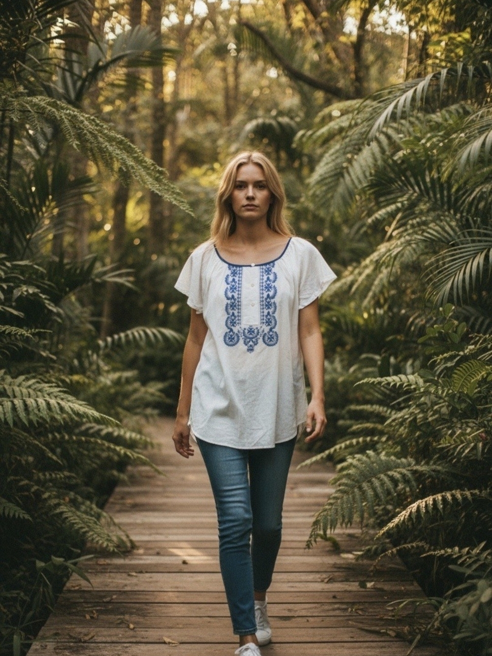 Loft Embroidered Scoop Neck Women’s M Top - White with Blue Embroidery Sheer